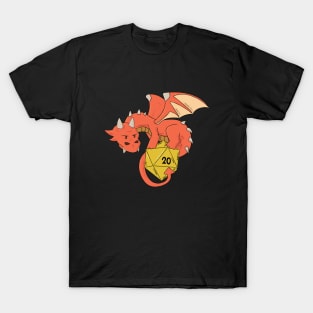 Hand-Drawn Red Dragon with Yellow D20 Dice T-Shirt